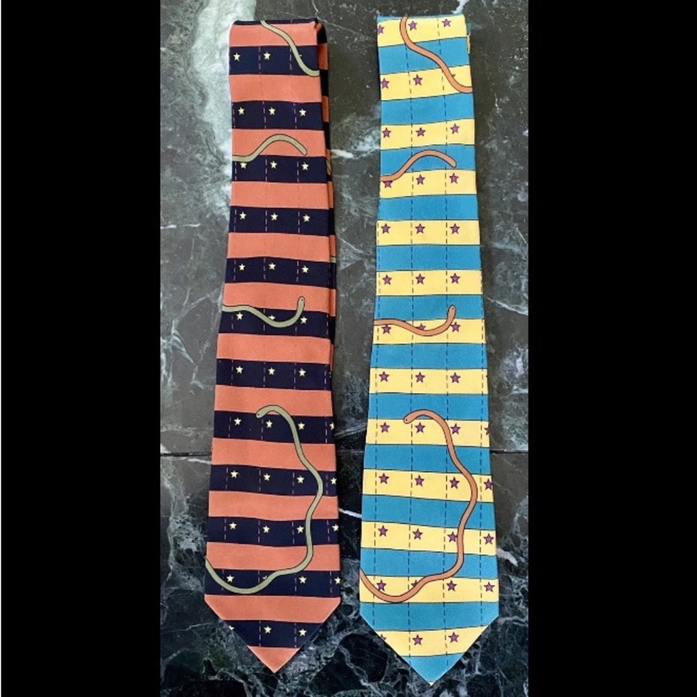2 NEW VINTAGE 1990s ARQ ARQUITECTONICA PRODUCTS SILK TIES STRIPES STARS SNAKES